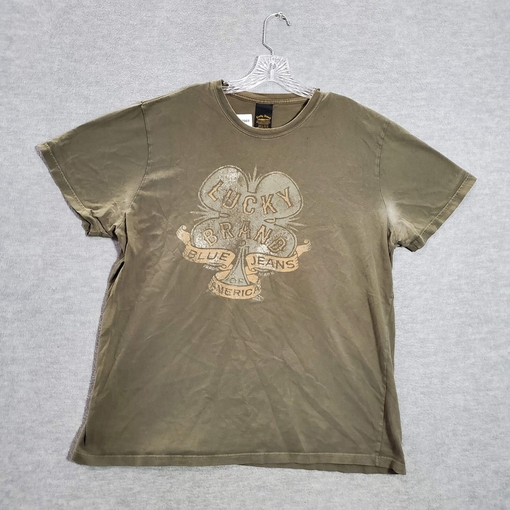 Lucky Brand Men Shirt XL Green Graphic Print Crew Neck Short Sleeve Tee READ